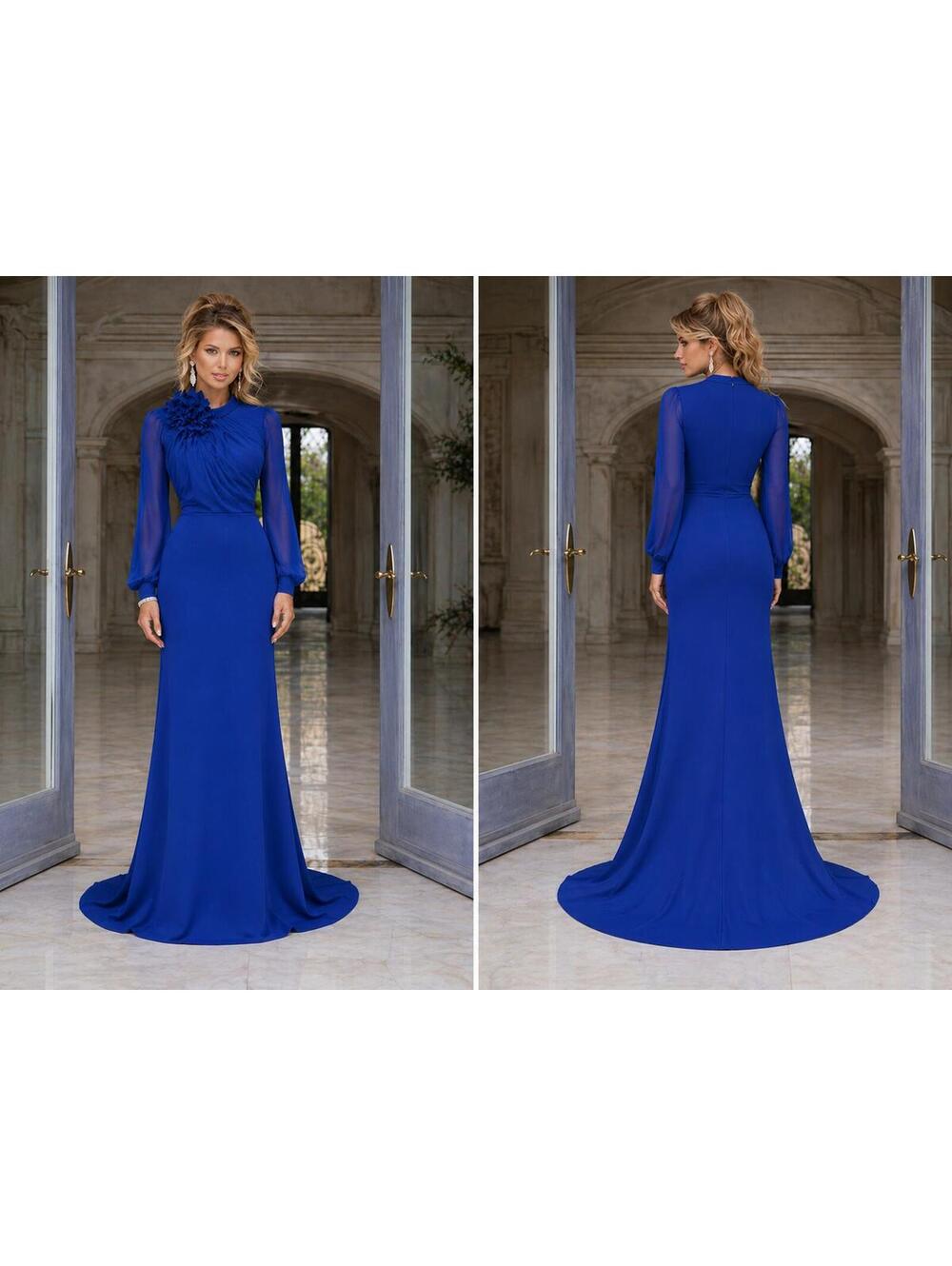 Badgley Mischka Collection Modest Cobalt Blue Feather Gown sz 0 Sample $2,800
